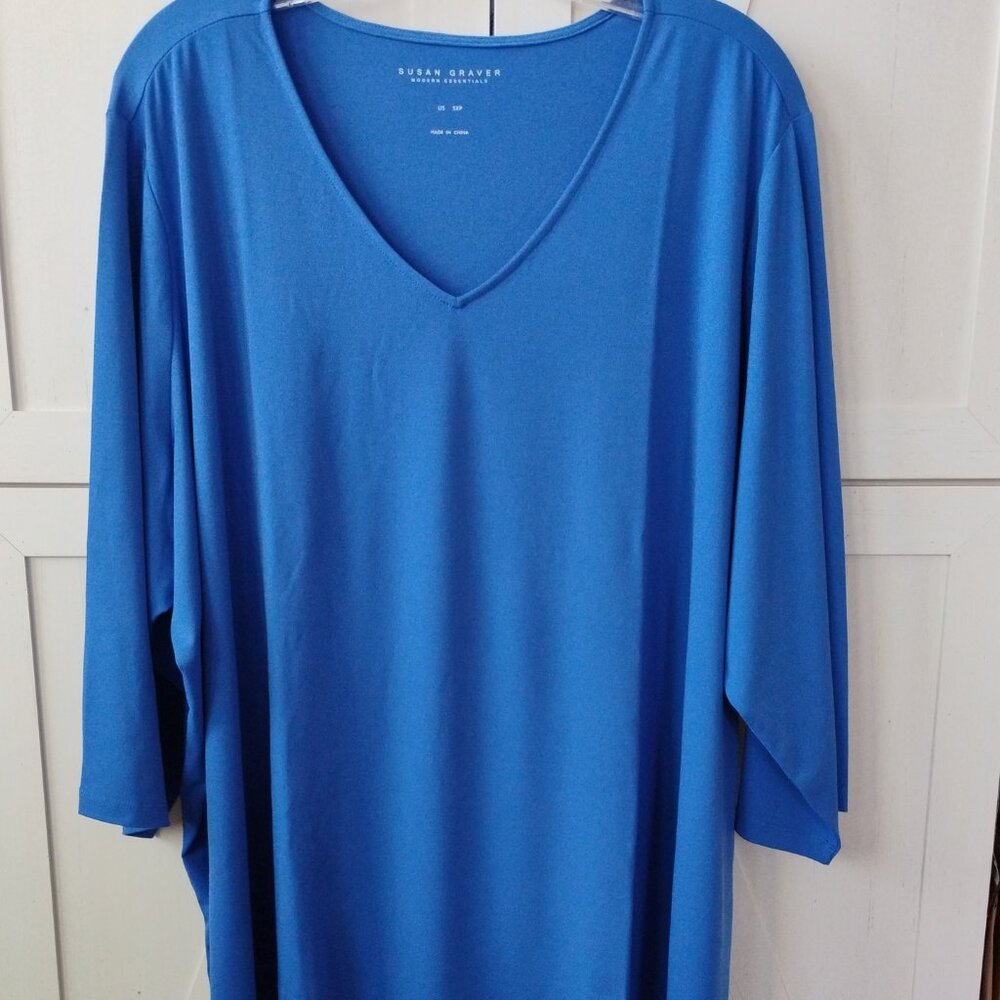 Susan Graver Blue Liquid Knit Tunic Top Petite Length 3/4 Sleeves-NWT-5XP